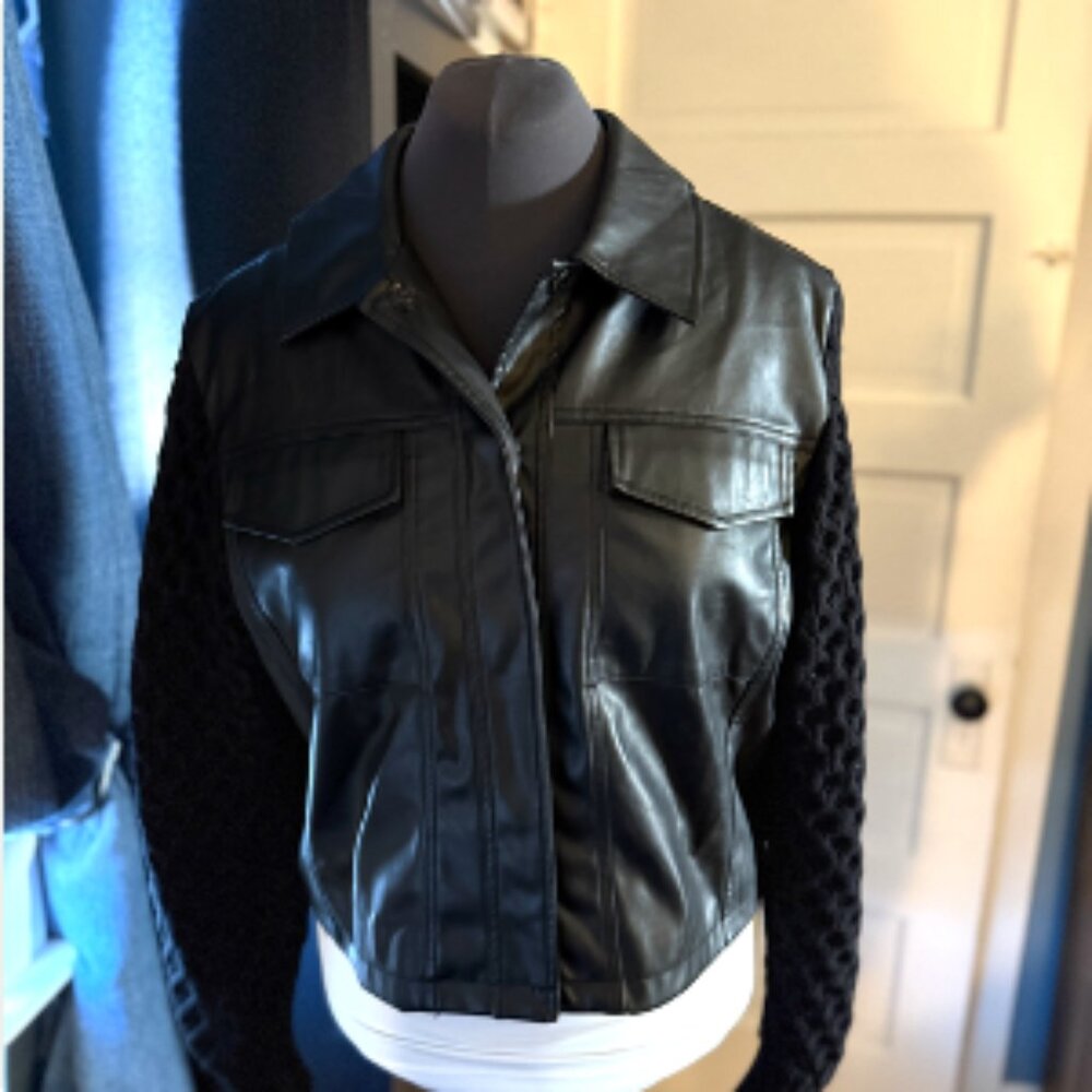 Anthropologie Black Mixed Media Bomber Jacket - L - Picture 4 of 7